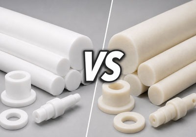 White versus off-white engineered plastic rods and machined parts.