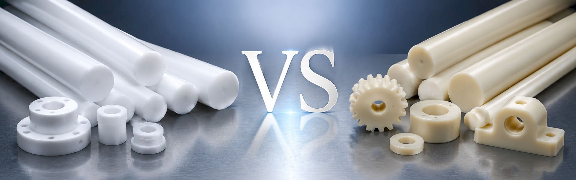 Comparison of white and beige industrial plastic rods and gears.